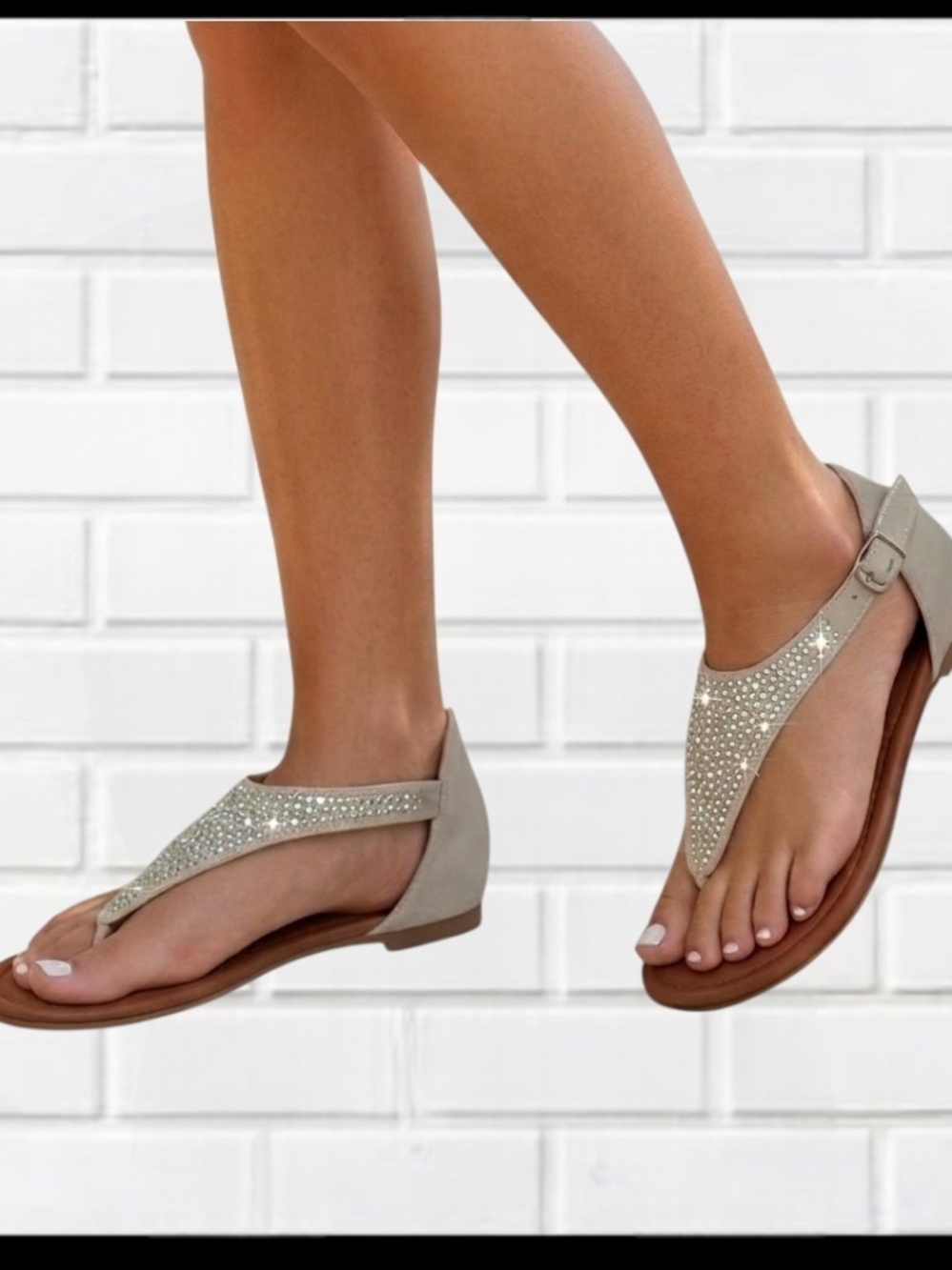 TOP MODA Rhinestone T-Strap Embellished  Women's Sandals in Light Taupe SZ 9
